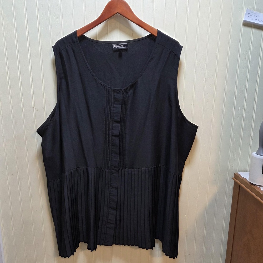 DG2 Diane Gilman Pleated Hem Top Womens 3X Black‎ Pintuck Sleeveless Blouse